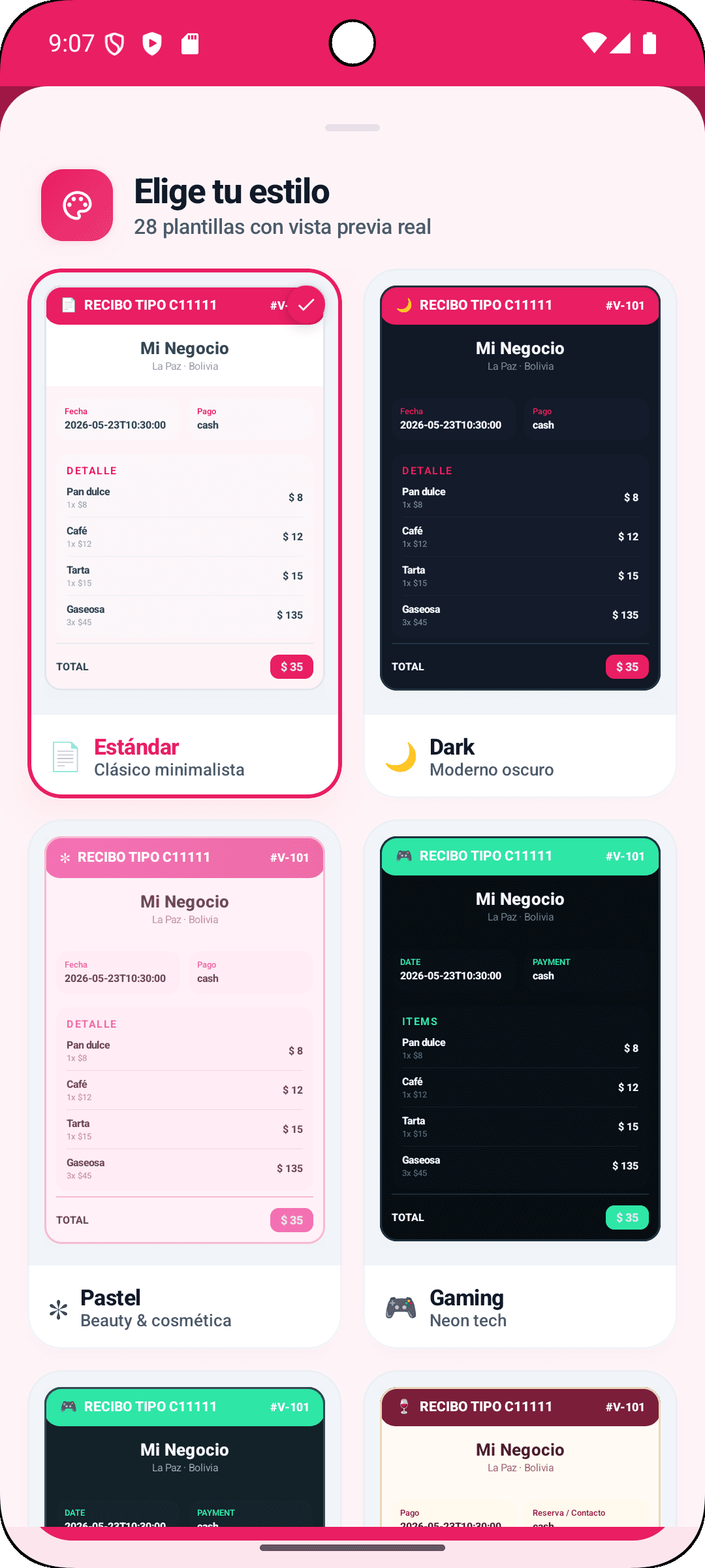 Elige tu estilo de recibo
